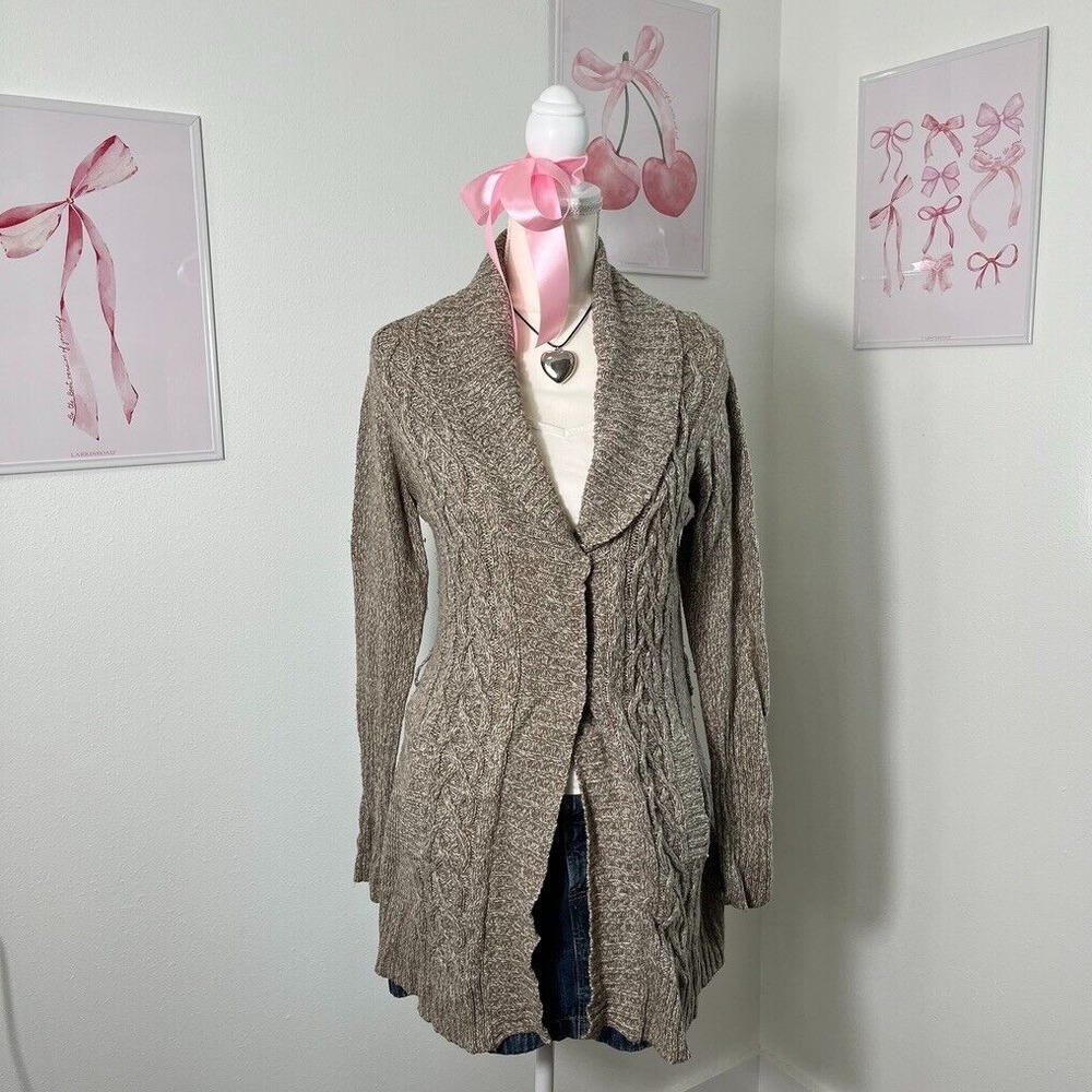 Vintage Y2K It's Our Time Brown‎ Knit Cowl Neck Long Cardigan Womens Size Large